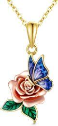 wholesale 10K Gold Blue Enamel Butterfly & Pink Rose Pendant Necklace with Green Leaves Chain 43cm + Extender-0-0