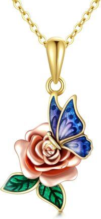 wholesale 10K Gold Blue Enamel Butterfly & Pink Rose Pendant Necklace with Green Leaves Chain 43cm + Extender-10K Gold-Yellow