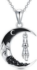 wholesale 925 Sterling Silver Crescent Moon Pendant with Black Enamel and Dangling Cat Charm Necklace-0-0