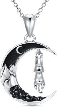 wholesale 925 Sterling Silver Crescent Moon Pendant with Black Enamel and Dangling Cat Charm Necklace-Cat Hanging