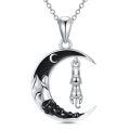 wholesale 925 Sterling Silver Crescent Moon Pendant with Black Enamel and Dangling Cat Charm Necklace-0-0