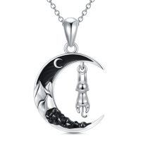 wholesale 925 Sterling Silver Crescent Moon Pendant with Black Enamel and Dangling Cat Charm Necklace-Cat Hanging