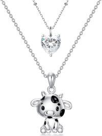 wholesale Sterling Silver 12 Month Birthstones Animals Necklace for Women Daughter (Axolotl Cow Pig Cat) Birthday Christmas Graduation Gift-05-01-Cow-05-01-Cow