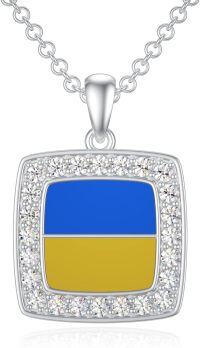 wholesale 925 Sterling Silver Square Blue and Yellow Ukraine Flag Pendant Necklace with Cubic Zirconia - Peace Style  for Women & Girls-Necklace