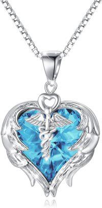 wholesale Sterling Silver Austrian Crystal Caduceus Angel Wing Heart Nurse Necklace-Aquamarine
