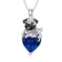 wholesale 925 Sterling Silver Happy Hugging Dog Heart Shape Blue Crystals Pendant Necklace-09-Sep-Sapphire