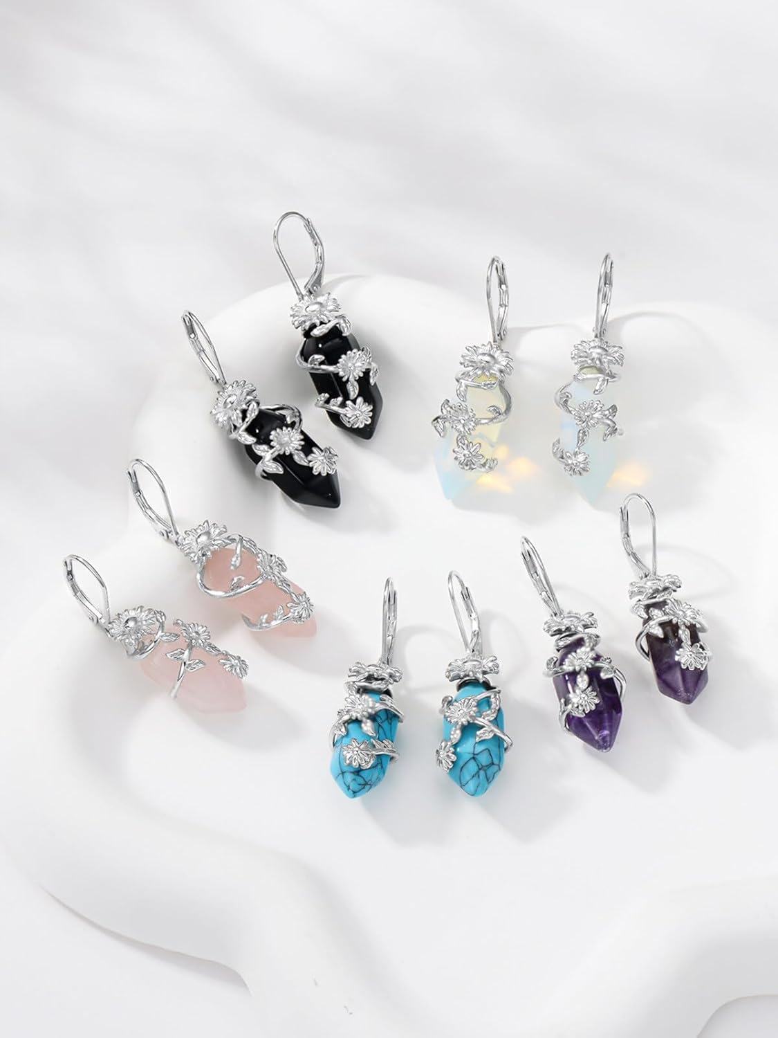 wholesale 925 Sterling Silver Obsidian Sunflower Chakra Earrings for Healing & Luck, 25x11mm-0-2