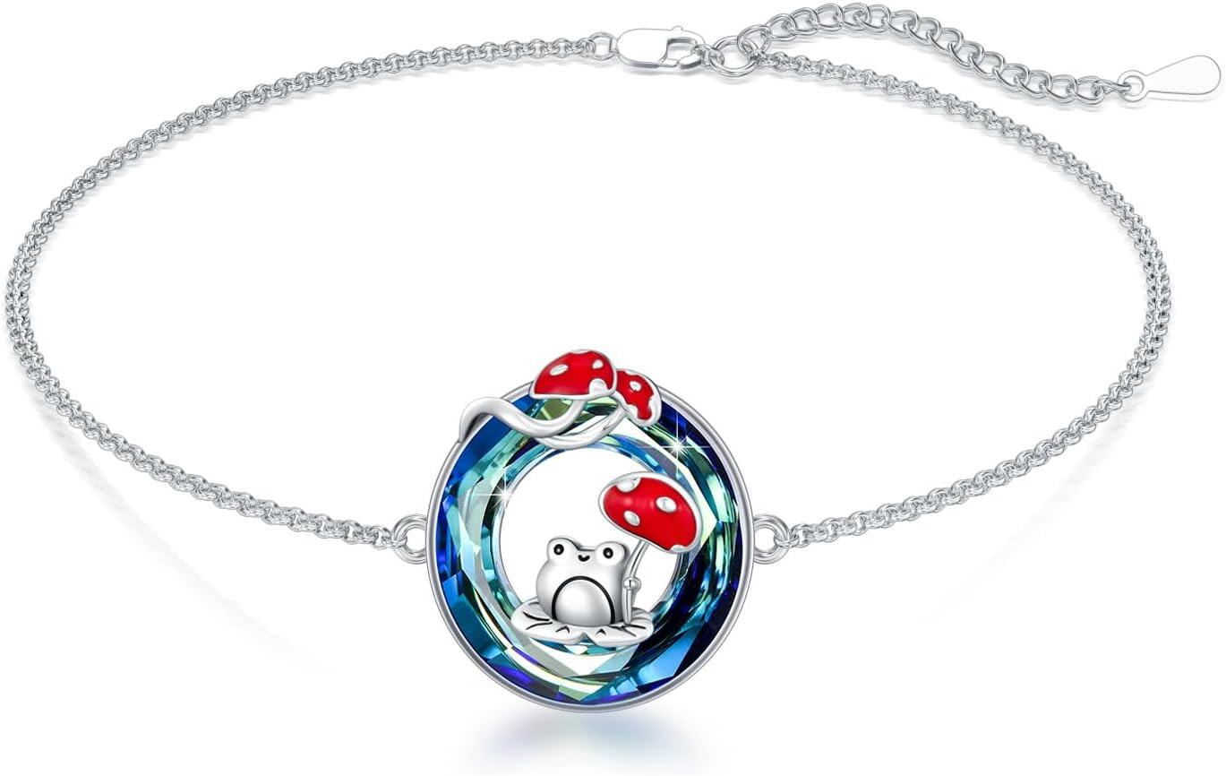  Sterling Silver Crystal Tree of Life Mushroom Frog Bracelet -Frog Mushroom Bracelet