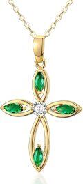 wholesale 14K Gold Emerald and Diamond Flower Cross Pendant Necklace for Women 28 Chain-0-0
