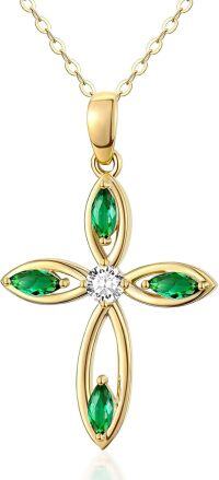 wholesale 14K Gold Emerald and Diamond Flower Cross Pendant Necklace for Women 28 Chain-D-Emerald