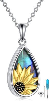 wholesale 925 Sterling Silver Labradorite Teardrop Sunflower Pendant Necklace with Gold Plated Flower and Chain - Pet Cremation Jewelry for Dogs & Cats-Sunflower