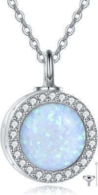 wholesale 925 Sterling Silver Round Opal & Cubic Zirconia Memorial Keepsake Cremation Pendant Necklace with Funnel and Fill Tool-Opal