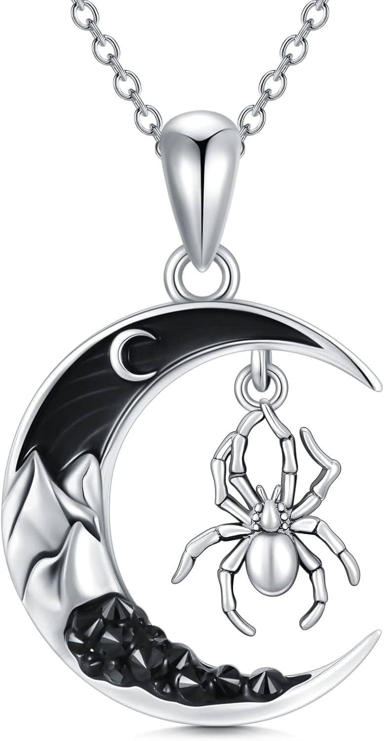 925 Sterling Silver Crescent Moon & Spider Necklace Pendant for Women Girls Gifts Jewelry Accessories 48cm Chain Length-0-0