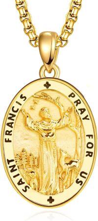 wholesale Gold 925 Sterling Silver St Francis of Assisi Medal Necklace Pendant with Deer and Trees Design-19a-St Francis-Gold-19a-St Francis-Gold