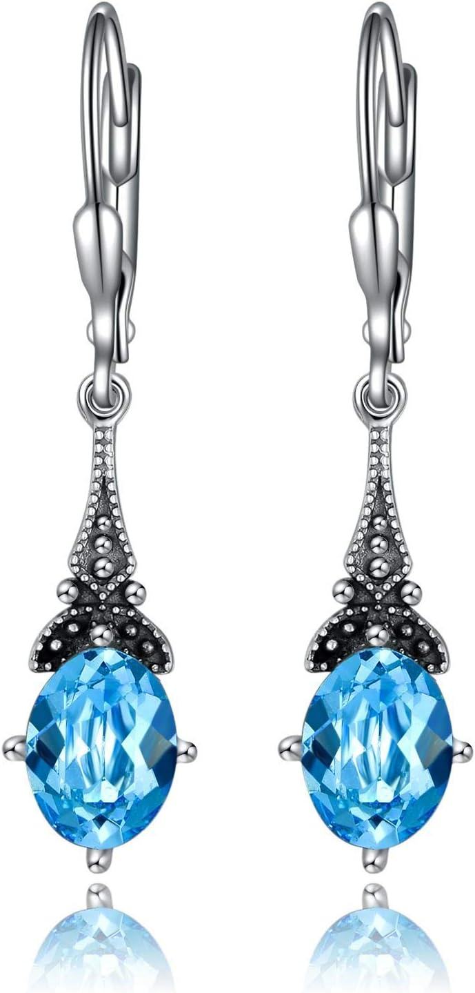 Sterling Silver Austrian Crystal Vintage Drop Dangle Leverback Earrings-Simulated Aquamarine