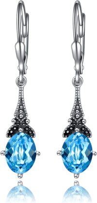 wholesale 925 Sterling Silver Blue Topaz Oval Shape Vintage Drop Dangle Leverback Earrings-Simulated Aquamarine