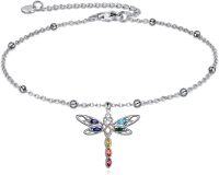 wholesale 925 Sterling Silver Rainbow Crystal Butterfly Pendant Ankle Bracelet for Women Girls  6-8 Adjustable Chain Length-Dragonfly Anklets-1