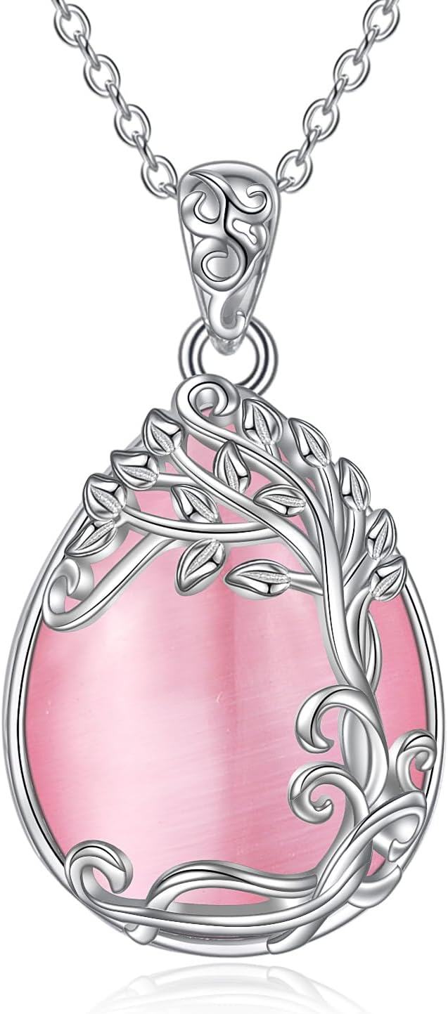 Sterling Silver Moonstone Filigree Teardrop Pendant Necklace for Women-PP-Tree of Life Pink Opal Necklace