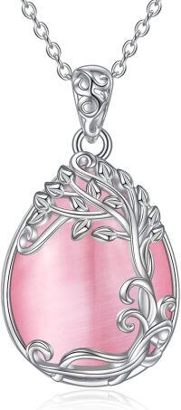 wholesale Sterling Silver Moonstone Filigree Teardrop Pendant Necklace for Women-PP-Tree of Life Pink Opal Necklace