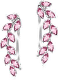 wholesale 925 Sterling Silver Pink Austrian Crystal Leaf Ear Climber Hypoallergenic Earrings-Pink