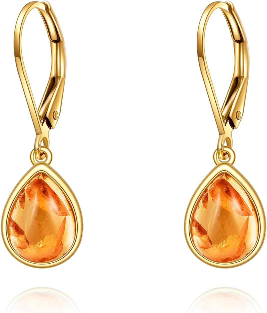 14K Gold Lapis Lazuli Opal Amber Teardrop Leverback Earrings for Women-14k gold-amber