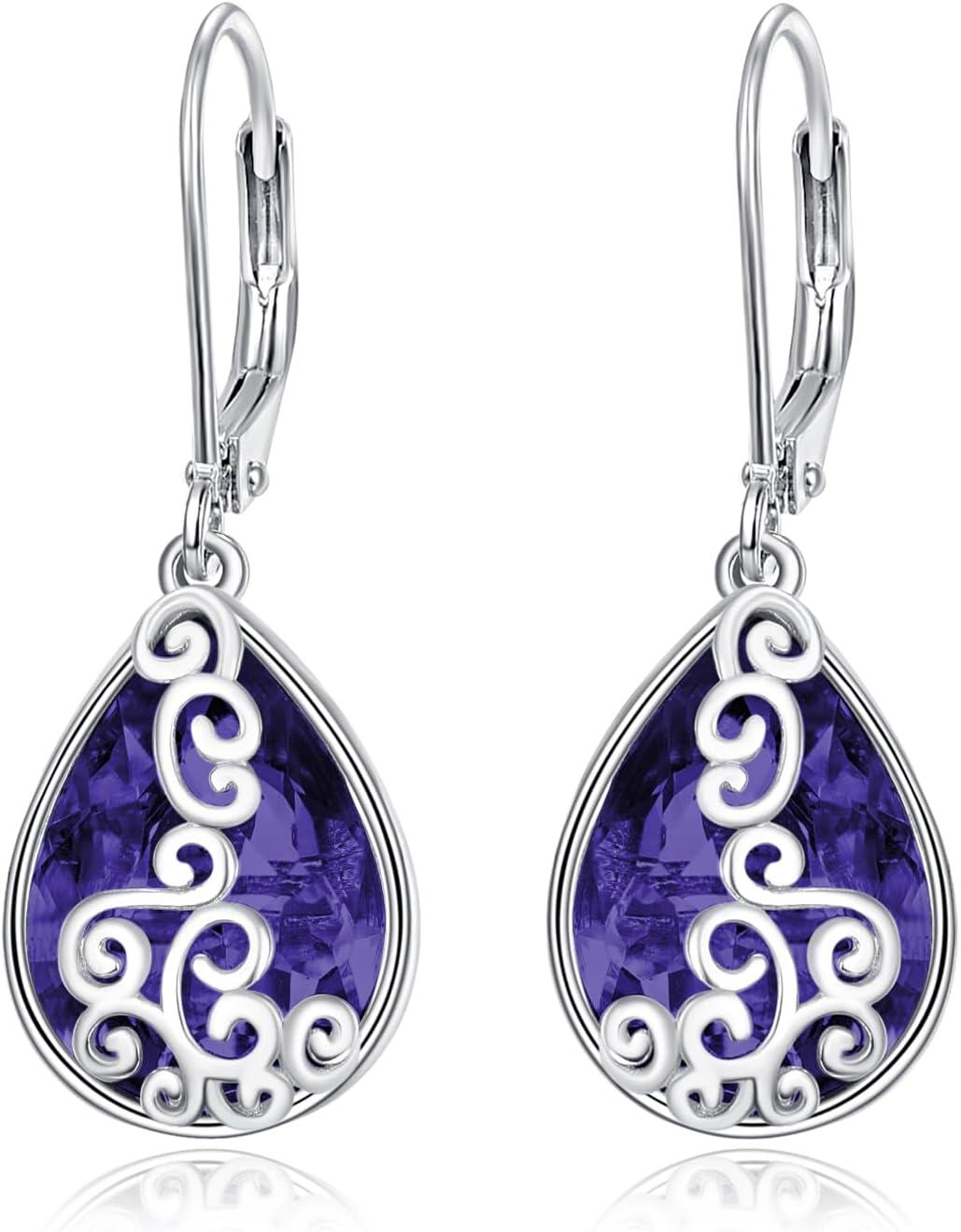 Sterling Silver Birthstone Teardrop Leverback Dangle Earrings-0-0