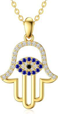 wholesale 14K Gold Blue Sapphire Evil Eye Hand of Fatima Pendant Necklace for Women-Yellow Gold