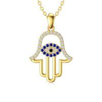 wholesale 14K Gold Blue Sapphire Evil Eye Hand of Fatima Pendant Necklace for Women-Yellow Gold
