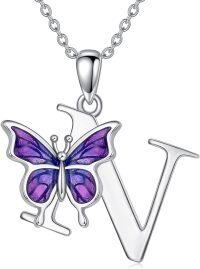 wholesale Sterling Silver Purple Butterfly A Z 26 Letters Pendant Necklace-Letter N-Letter N
