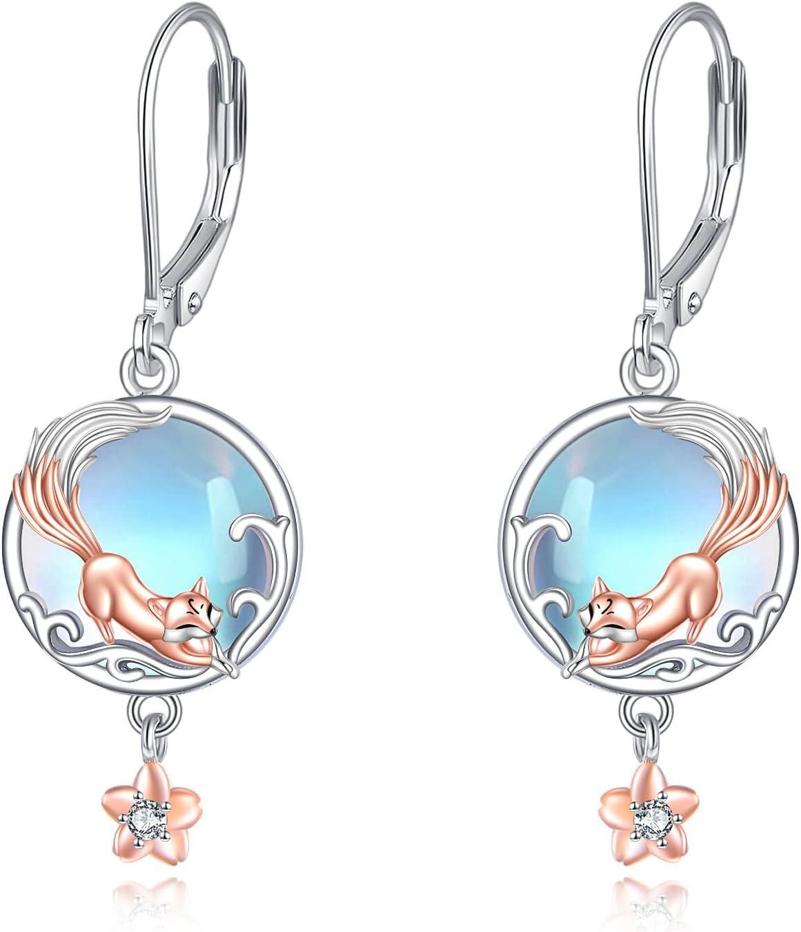  Sterling Silver Moonstone Fox Wolf Hummingbird Dangle Earrings for Women -0-0