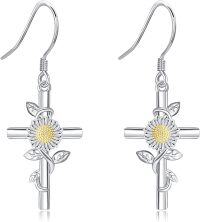 wholesale 925 Sterling Silver Daisy Cross Dangle Earrings with April Birth Flower Charm for Women, Hypoallergenic, Gift Boxed-Daisy Cross
