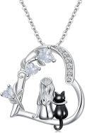 wholesale 925 Sterling Silver Cat and Girl Moonstone Heart Pendant Necklace - Cute  for Women & Girls-0-0