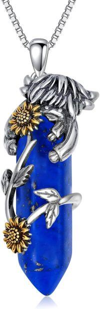 wholesale Sterling Silver Stone Highland Cow Necklace Gift for Women-Lapis Lazuli