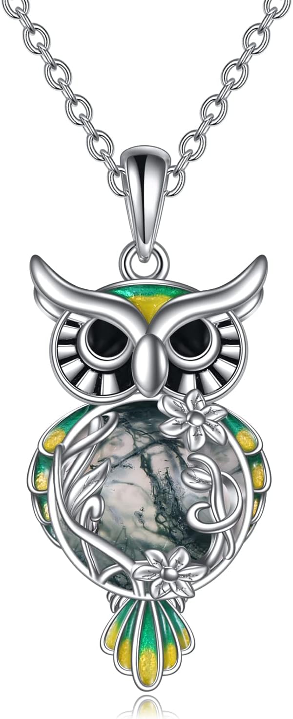 wholesale 925 Sterling Silver Green Moonstone Filigree Owl Pendant Necklace for Women-0-0