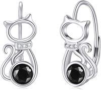 wholesale 925 Sterling Silver Birthstone Kitten Leverback Cat Earrings for Women-Black