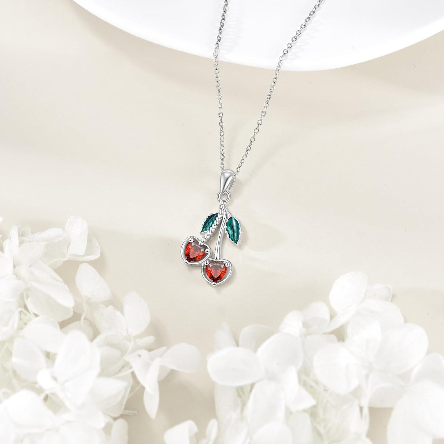 925 Sterling Silver Cherry Heart Pendant Red Crystal Fruit Charm Necklaces for Women Gifts-0-3