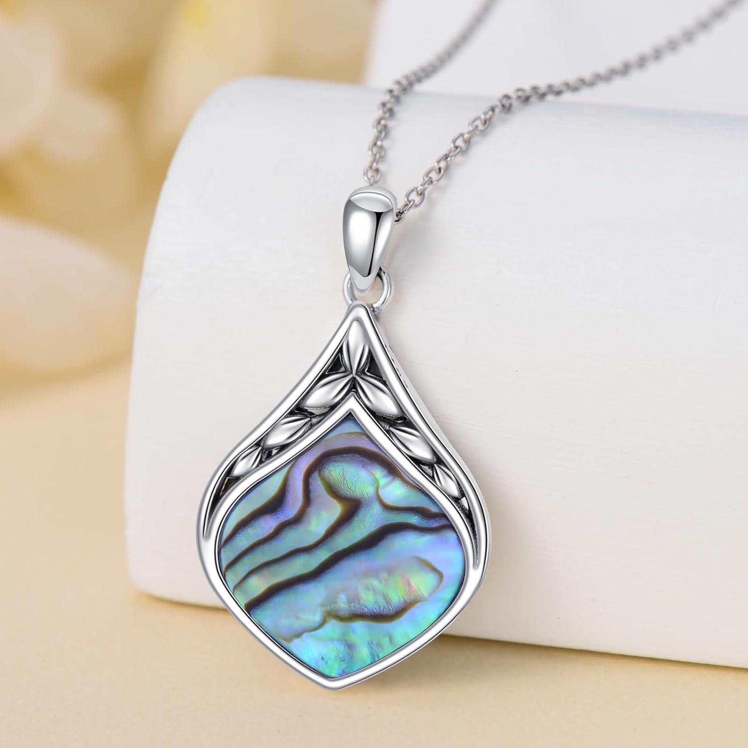 925 Sterling Silver Abalone Shell Teardrop Pendant Necklace-0-3