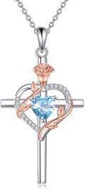 wholesale Sterling Silver Birthstones Rose Cross Heart Crucifix Pendant Necklace for Women-0-90