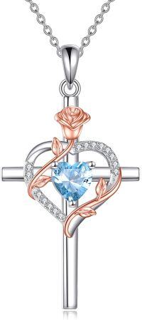 wholesale Sterling Silver Birthstones Rose Cross Heart Crucifix Pendant Necklace for Women-03-Mar-Aquamarine