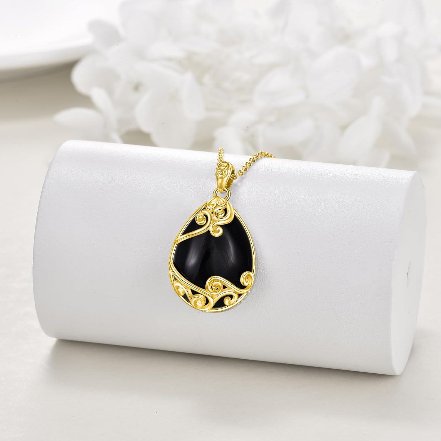 wholesale Gold-Plated 925 Sterling Silver Black Onyx Bohemian Teardrop Pendant Necklace-0-2