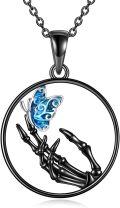 wholesale 925 Sterling Silver Blue Butterfly Gothic Skeleton Hand Pendant Necklace for Women Girls Unisex-0-0