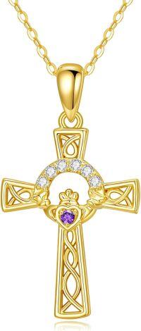 wholesale 14K Gold Claddagh Celtic Knot Cross with Purple Stone and Cubic Zirconia Pendants Necklaces for Women s 23 Chain Length-L-Claddagh Cross