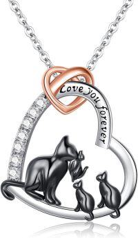wholesale 925 Sterling Silver Love You Forever Heart Pendant Necklace - Mother and Cats Family -Mama Cat with 2 Kittens-Mama Cat with 2 Kittens
