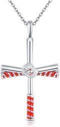 wholesale 925 Sterling Silver Baseball Bat & Glove Cross Necklace with Red Enamel Accents-0-0
