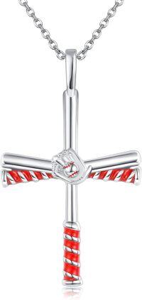 wholesale 925 Sterling Silver Baseball Bat & Glove Cross Necklace with Red Enamel Accents-Baseball Cross