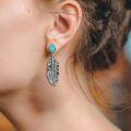 wholesale 925 Sterling Silver Genuine Turquoise Feather Dangle Drop Earrings - Vintage Bohemian Jewelry-0-5
