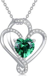 wholesale 925 Sterling Silver Birthstone Heart Necklace Pendant Jewelry for Women-May-Green Emerald