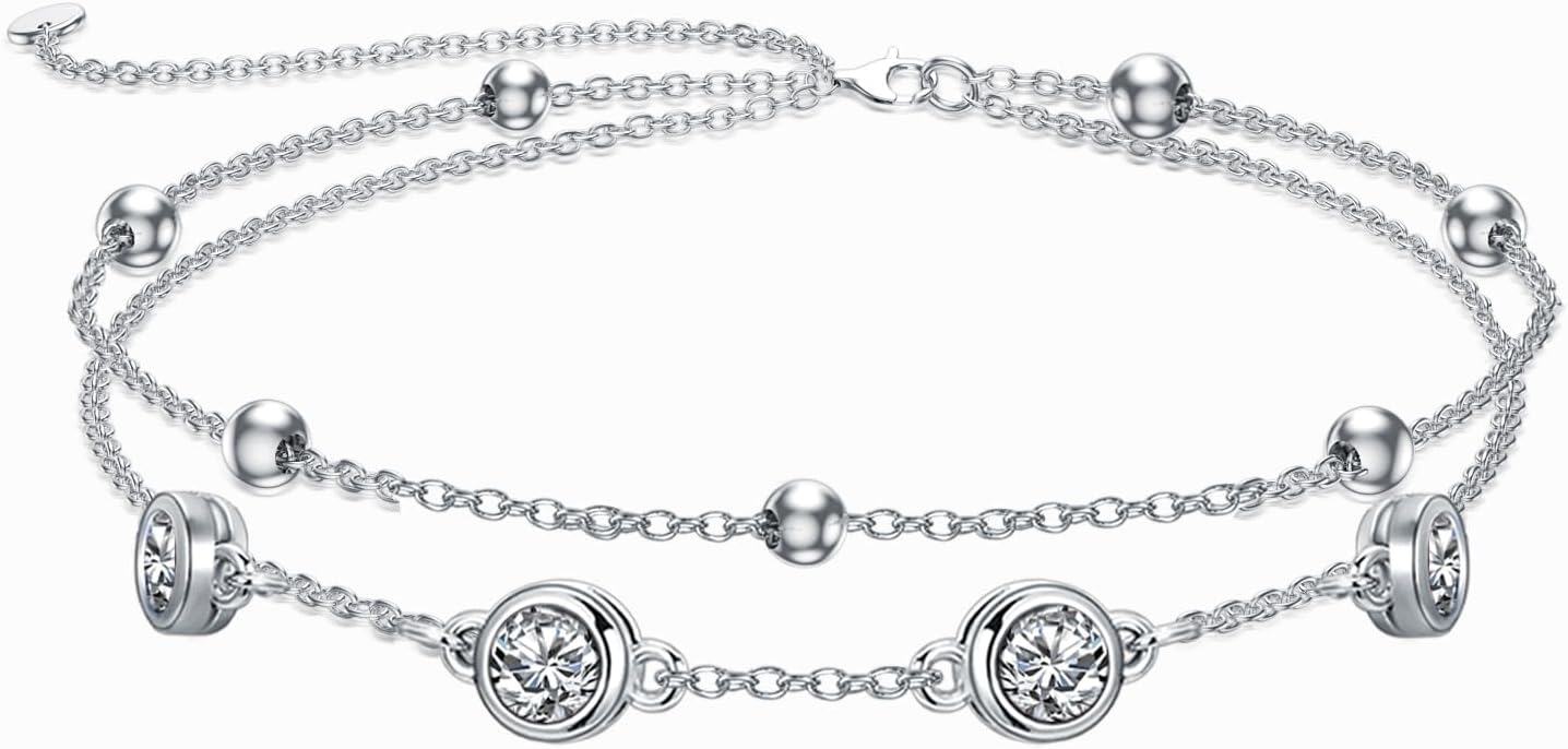 Sterling Silver Birthstone Anklet Bracelets for Women Gifts-04-White Anklet 9\"-11\"