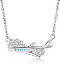wholesale 925 Sterling Silver Airplane Clouds and Flowers Pendant Necklace with Chain-Airplane