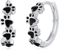 wholesale 925 Sterling Silver Black Enamel Paw Print Huggie Hoop Earrings for Women - Small Animal Lover Gift Ideas-Dog Hoops-Black Print